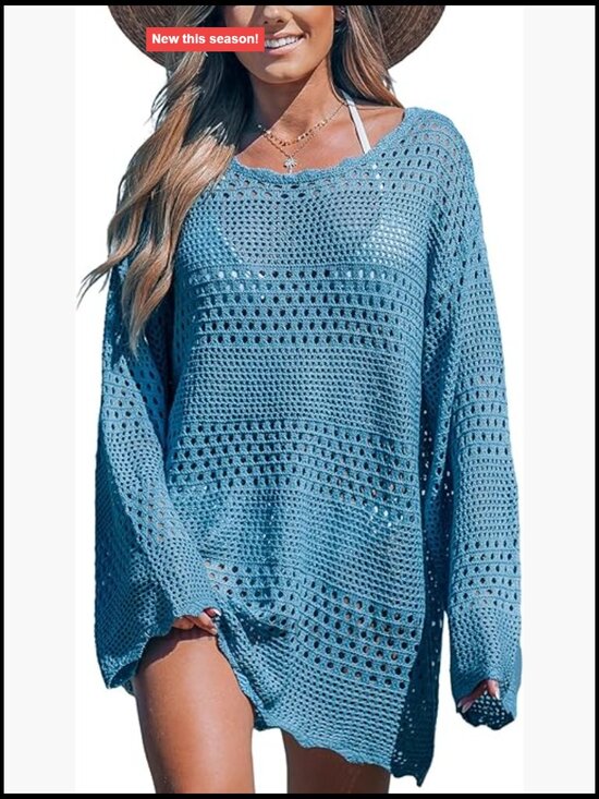 Other - Crochet Swimsuit Cover Up Mesh Beach Dress Knit Pullover Long Sleeve